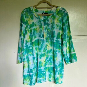 Carole Little Green Blue Linen Embroidered Tunic Blouse Plus‎ Size 1X